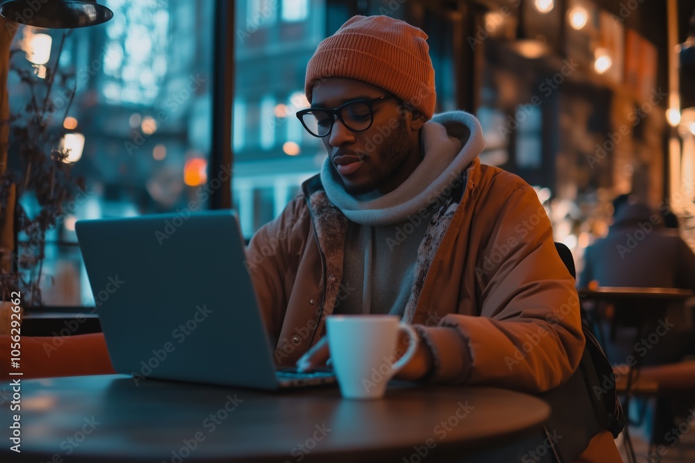 A man wearing a red hat and glasses is sitting at a table with a laptop and a cup of coffee. He is focused on his work. A man wearing a red hat and glasses is sitting at a table with a laptop and a cup of coffee. He is focused on his work.