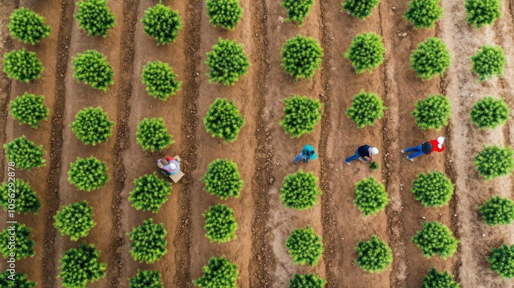 A group of people are working in a field of green plants. There are four people in total, with two of them standing and two of them kneeling A group of people are working in a field of green plants. There are four people in total, with two of them standing and two of them kneeling