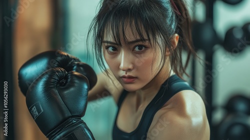 young determined asian female kickboxer standing in stance in gym. self-defense, fitness routine, sports. thai box, kickboxing and martial arts banner photo