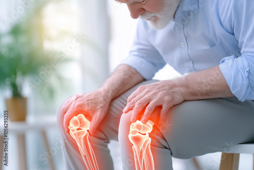 An old man holding knee as hurting with knee condition 3d bone image photo