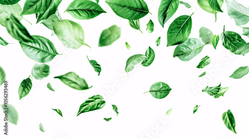 Green flying leaves isolated on a white background, ideal for fresh, eco-friendly, or beauty product concepts
