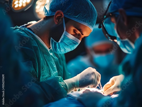 Surgeon Focused on Suturing During Complex Medical in Synchronized Surgical Team photo