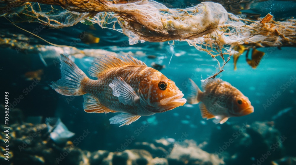 Fototapeta premium Orange Fish Swimming Through Plastic Waste in Ocean