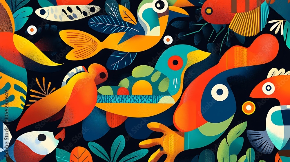 Colorful abstract illustration of fish and birds with leaves on dark background. Colorful abstract illustration of fish and birds with leaves on dark background.