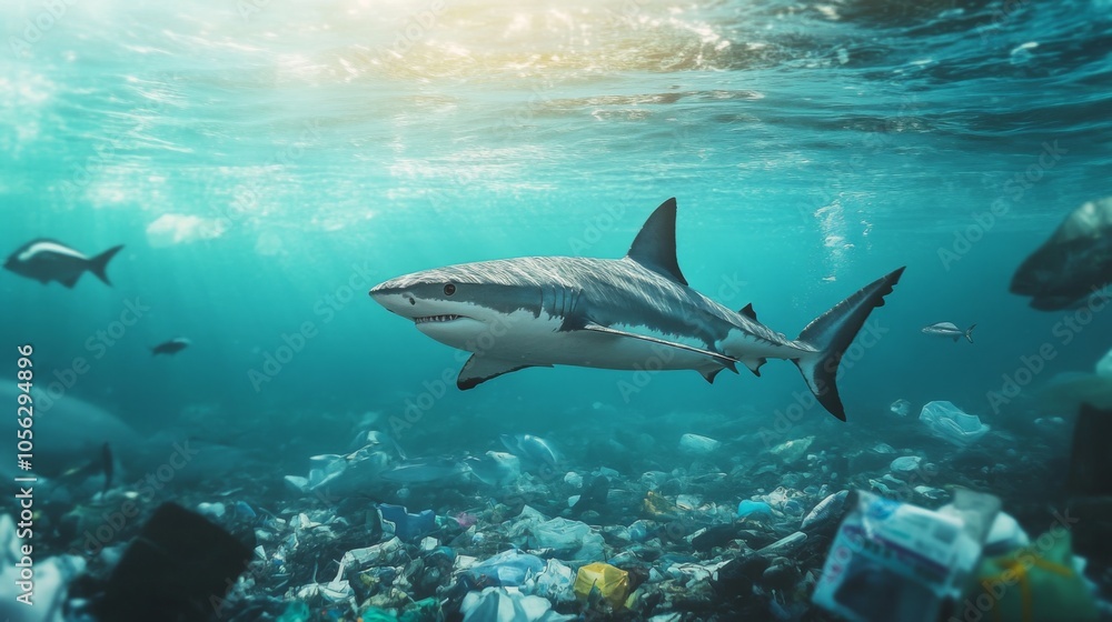 Obraz premium A Great White Shark Swims Above a Seabed Filled with Plastic Waste