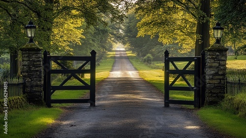 A gate is open to a road. The gate is black and has a crossbar. The gate is in front of a tree