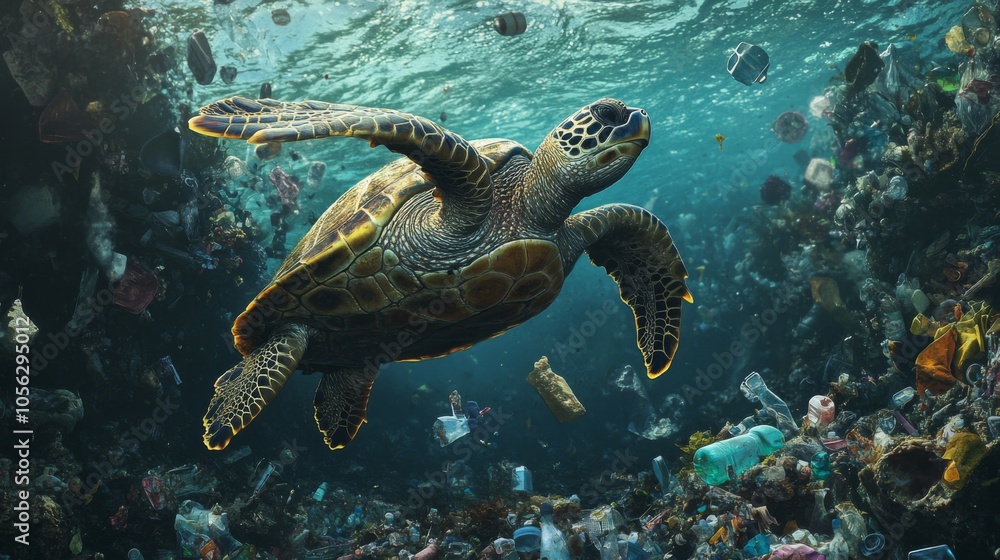 Fototapeta premium Sea Turtle Swimming Through Plastic Waste in the Ocean
