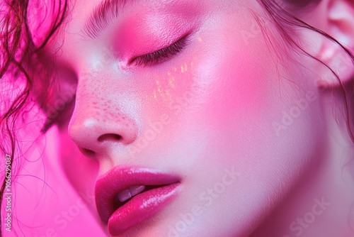 Serene portrait with radiant pink makeup, emphasizing elegance and beauty.