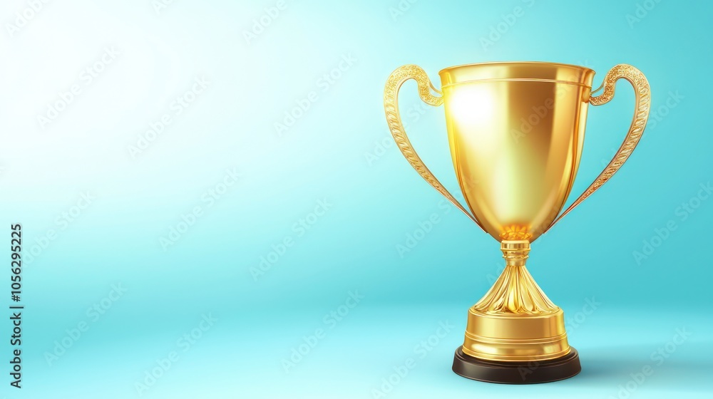 Shiny golden trophy on a light blue background, representing success and achievement in competitions or business Shiny golden trophy on a light blue background, representing success and achievement in competitions or business