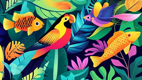 Colorful tropical birds, fish, and leaves on a dark background.