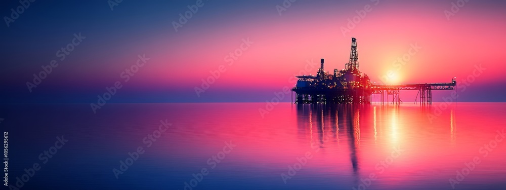 Offshore Oil Rig at Sunset.Concept of industrial strength, resource extraction, offshore engineering, energy production, environmental impact, global trade,Oil and gas industry, marine engineering, co Offshore Oil Rig at Sunset.Concept of industrial strength, resource extraction, offshore engineering, energy production, environmental impact, global trade,Oil and gas industry, marine engineering, co