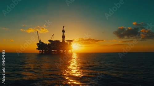 Offshore Oil Rig at Sunset.Concept of industrial strength, resource extraction, offshore engineering, energy production, environmental impact, global trade,Oil and gas industry, marine engineering, co