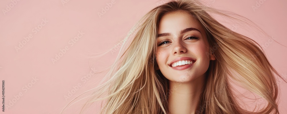 Fototapeta premium Smiling woman with long blonde hair on a pastel background, suitable for hair care ads.