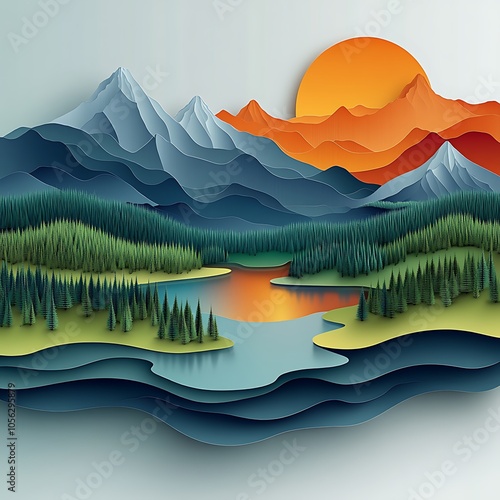 Paper cut style illustration of a mountain range with a lake in the foreground and the sun setting behind the peaks.