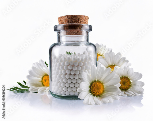 Daisy homeopathy pellets, white homeopathy pellet, A close-up of small, round, white homeopathy pellets contained within a small, transparent glass jar, placed on an isolated pure white background