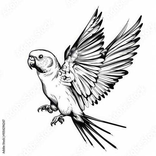 A black and white illustration of a parrot in flight, wings spread wide. photo