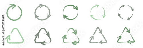 Hand drawn recycling symbols set. Green chalk recycle arrows, refresh icons. Vector doodle design element for eco and zero waste concept photo