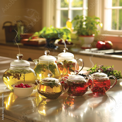 A collection of glass teapots with steaming herbal tea sits on a kitchen counter