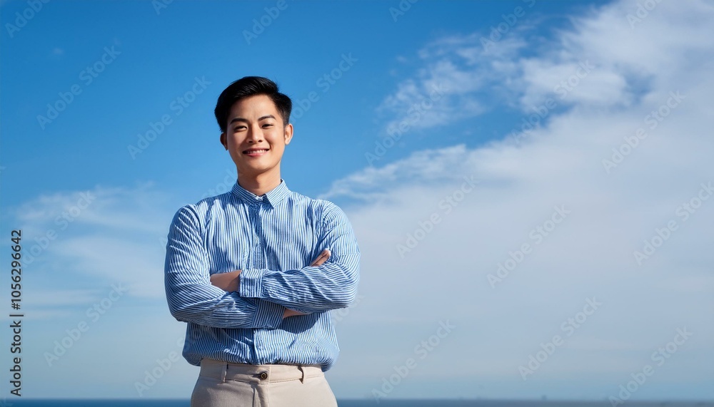 明るい青空の下、爽やかに立つアジア系男性