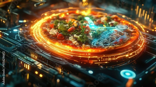 Futuristic pizza with holographic toppings on a high-tech table