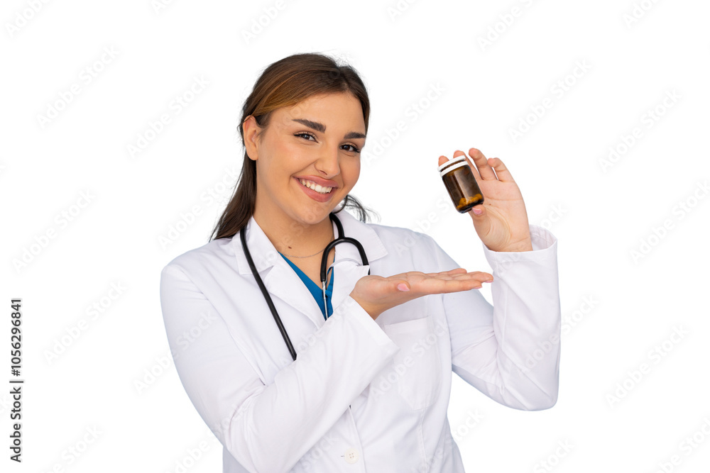 Young Latina doctor holding a medication bottle Young Latina doctor holding a medication bottle