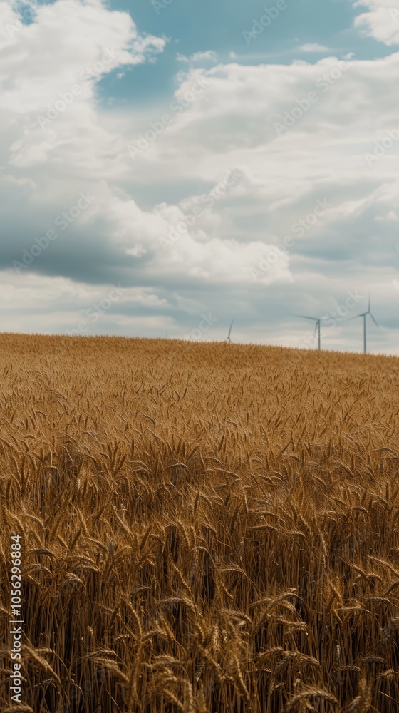 Fototapeta premium Golden wheat field meeting cloudy sky with wind turbines generating clean energy