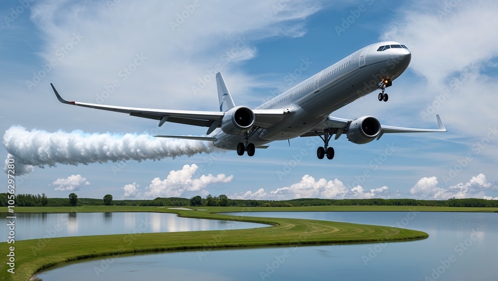 Sleek Silver Airliner Soaring Through a Clear Blue Sky: A Perfect Representation of Modern Aviation at Its Best Sleek Silver Airliner Soaring Through a Clear Blue Sky: A Perfect Representation of Modern Aviation at Its Best
