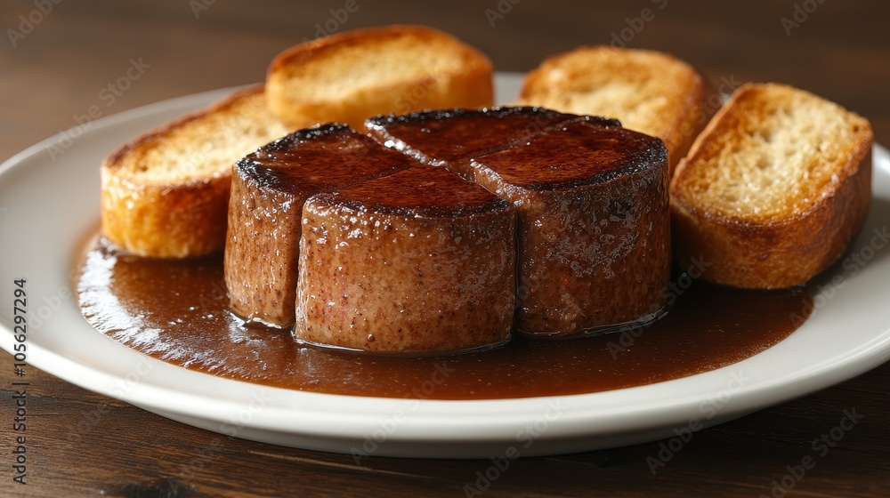 Classic Foie Gras Torchon with Fig Compote and Toasted Baguette.Concept of luxury, fine dining, French cuisine, gourmet food. Classic Foie Gras Torchon with Fig Compote and Toasted Baguette.Concept of luxury, fine dining, French cuisine, gourmet food.