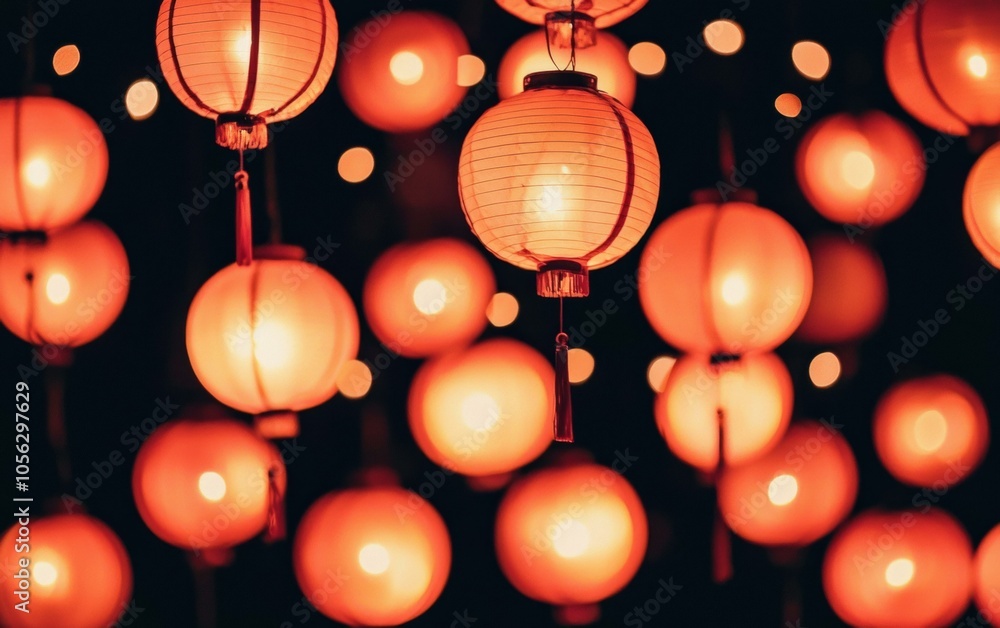 Red lanterns hanging from ceiling, creating warm glow, symbolizing celebration, tradition, and cultural festivity. Red lanterns hanging from ceiling, creating warm glow, symbolizing celebration, tradition, and cultural festivity.