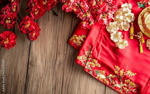 Red silk fabric adorned with gold decorations symbolizing Chinese New Year celebration and prosperity. photo