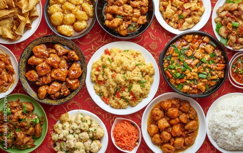 Table filled with diverse dishes, including fruits, vegetables, meats, breads, and various beverages.