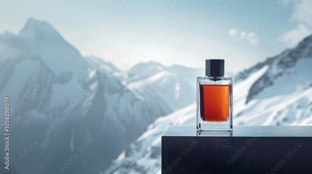 Men's cologne bottle on white mountain backdrop with empty space. Men's cologne bottle on white mountain backdrop with empty space.