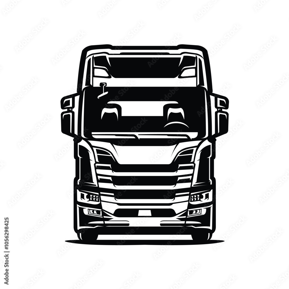 Truck monochrome silhouette front view vector. Freight moving truck big rig illustration isolated Truck monochrome silhouette front view vector. Freight moving truck big rig illustration isolated