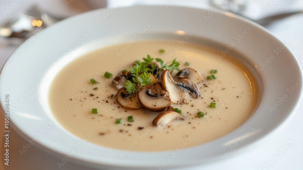 Delicious mushroom soup puree served in a white bowl at a modern restaurant on a white table Delicious mushroom soup puree served in a white bowl at a modern restaurant on a white table