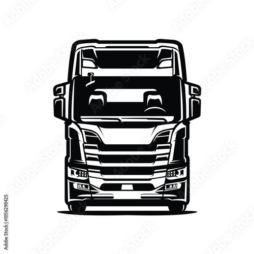 Truck monochrome silhouette front view vector. Freight moving truck big rig illustration isolated
