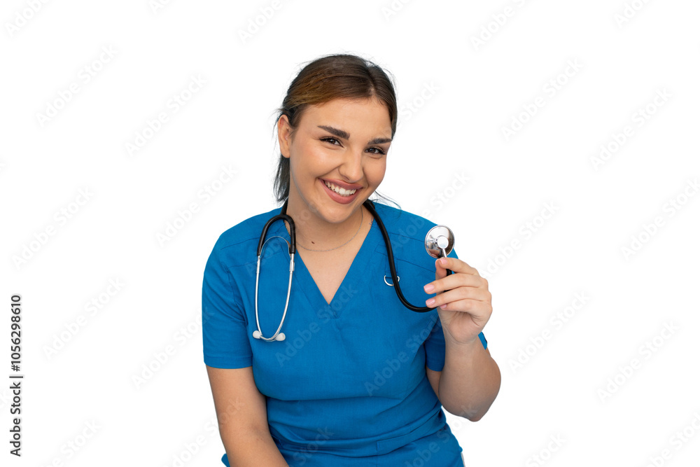 Latina nurse with a caring expression in scrubs Latina nurse with a caring expression in scrubs