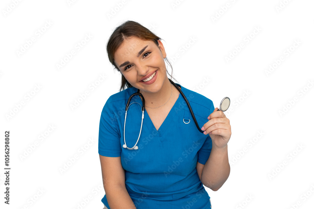 Professional Latina nurse in blue scrubs Professional Latina nurse in blue scrubs