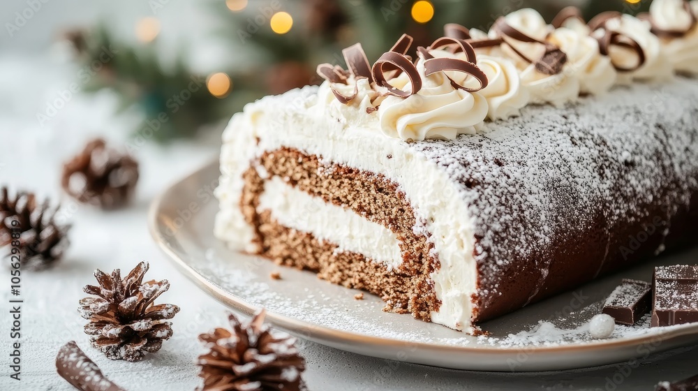 Detailed Elegant Christmas Cake, Cream and Chocolate Decor.Concept of holiday indulgence, festive desserts, winter celebrations, traditional Christmas treats. Detailed Elegant Christmas Cake, Cream and Chocolate Decor.Concept of holiday indulgence, festive desserts, winter celebrations, traditional Christmas treats.