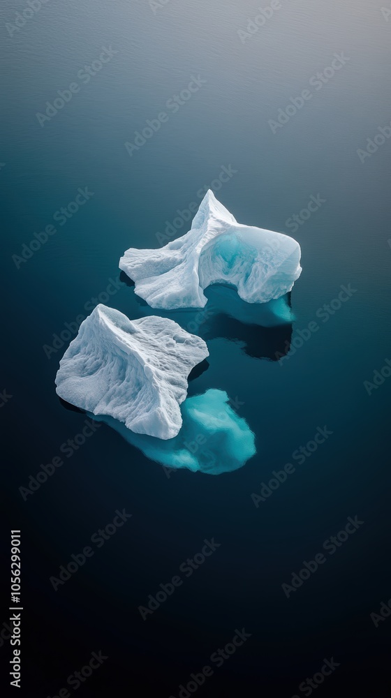 Icebergs floating on dark blue water with turquoise reflections Icebergs floating on dark blue water with turquoise reflections