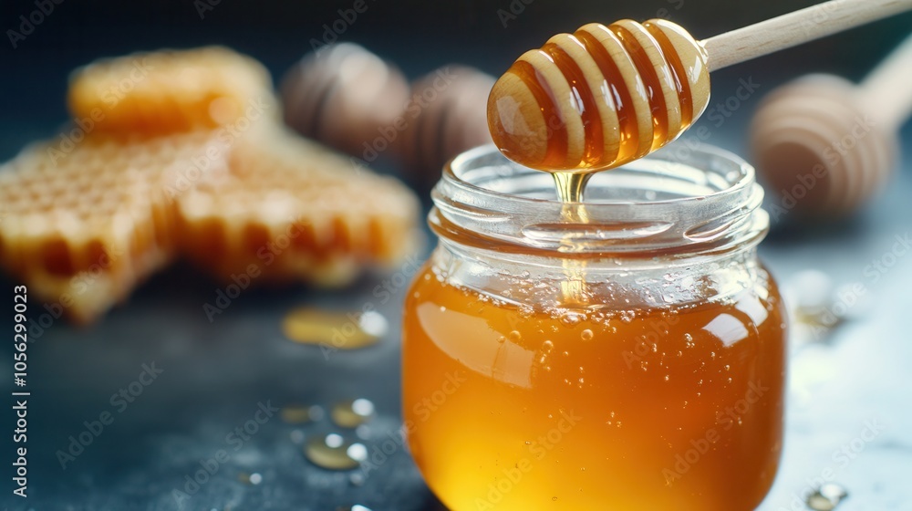 A close-up view of a jar of honey with a dripping wooden spoon and honeycomb against a dark background, captured with high-resolution studio lighting A close-up view of a jar of honey with a dripping wooden spoon and honeycomb against a dark background, captured with high-resolution studio lighting