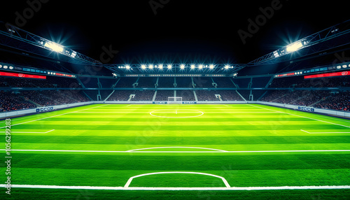 A brightly lit soccer field viewed from above, glowing under stadium lights, highlighting the clear lines and vivid green of the pitch isolated with white shades, png