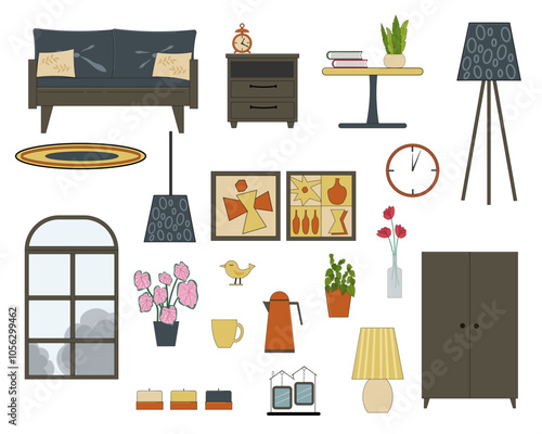 Elements for the interior of the living room. Sofa with pillows, wardrobe, bedside table, coffee table and floor lamp. Window and paintings, flowers and candles. Modern design. Vector illustration