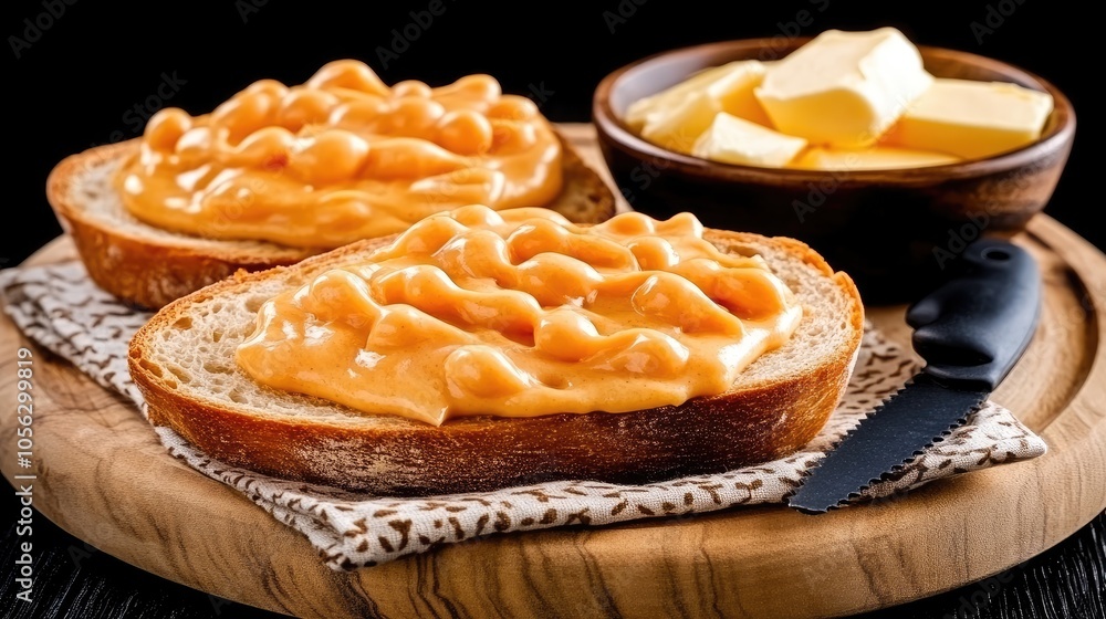 Whole grain bread topped with cheese spread and served with garlic butter pearls, ideal for breakfast or lunch Whole grain bread topped with cheese spread and served with garlic butter pearls, ideal for breakfast or lunch