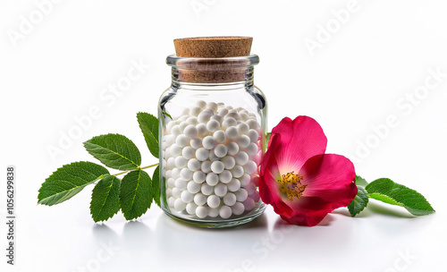 Dog Rose – Rosa Canina Homeopathy pellets, A close-up of small, round, white homeopathy pellets contained within a small, transparent glass jar, placed on an isolated pure white background, Dog Rose H