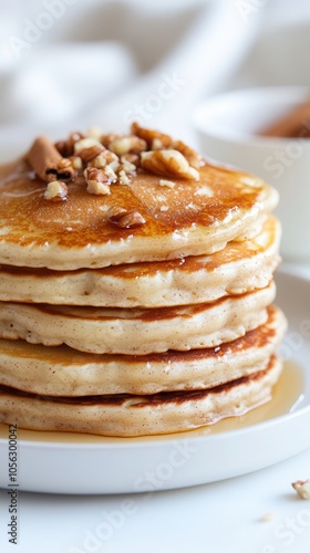 Fluffy golden-brown pancakes stacked high with maple syrup and mixed nuts on a white plate, garnished with almond milk in the background