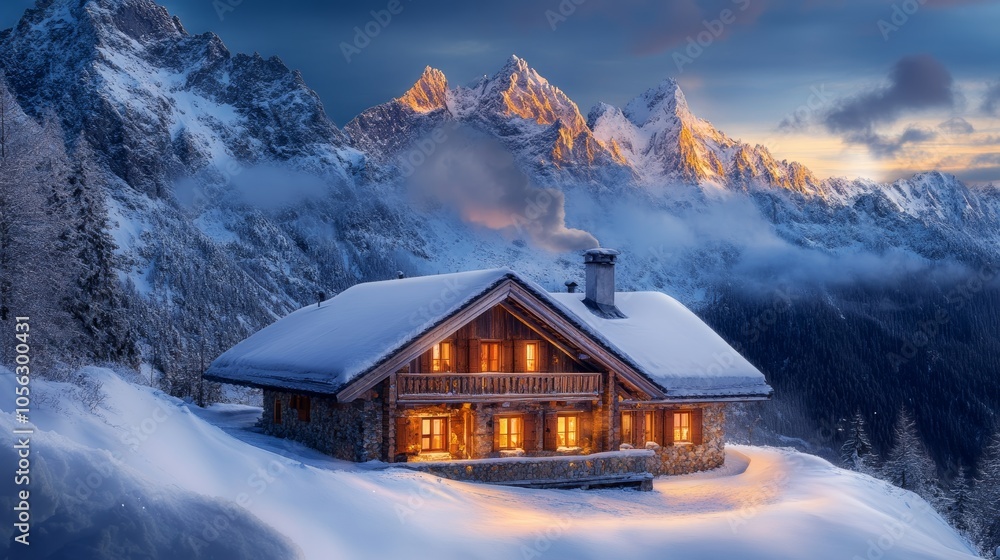 Inviting Mountain Chalet with Snow and Warm Glow Inviting Mountain Chalet with Snow and Warm Glow