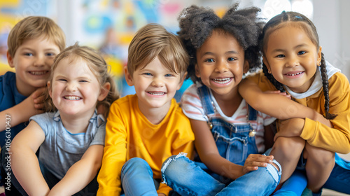 Group of kindergarten friends sitting together with arms around each other, smiling and having fun