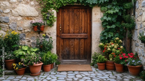 A wooden door with a green plant on the left side. There are several potted plants on the right side of the door