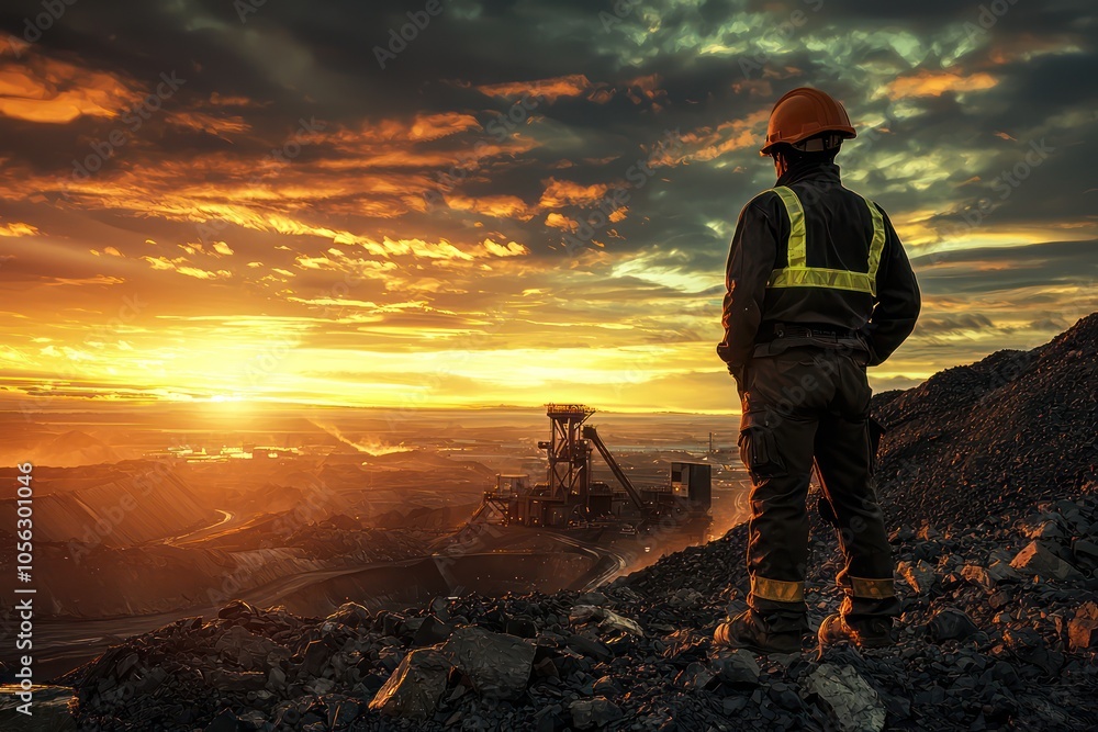 Sunset Over Mining Operations: A worker in high-visibility gear oversees a mining operation at sunset, depicting industrial labor. Sunset Over Mining Operations: A worker in high-visibility gear oversees a mining operation at sunset, depicting industrial labor.