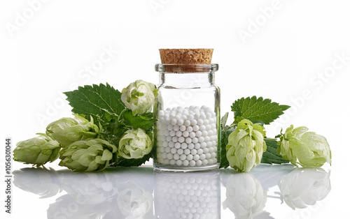 Urtica Urens – Nettle homeopathy pellets remedies, A close-up of small, round, white homeopathy pellets contained within a small, transparent glass jar, placed on an isolated pure white background, photo